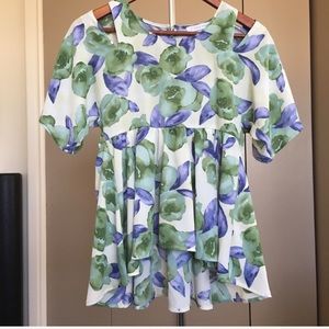 Green floral shoulder cut off hi low top